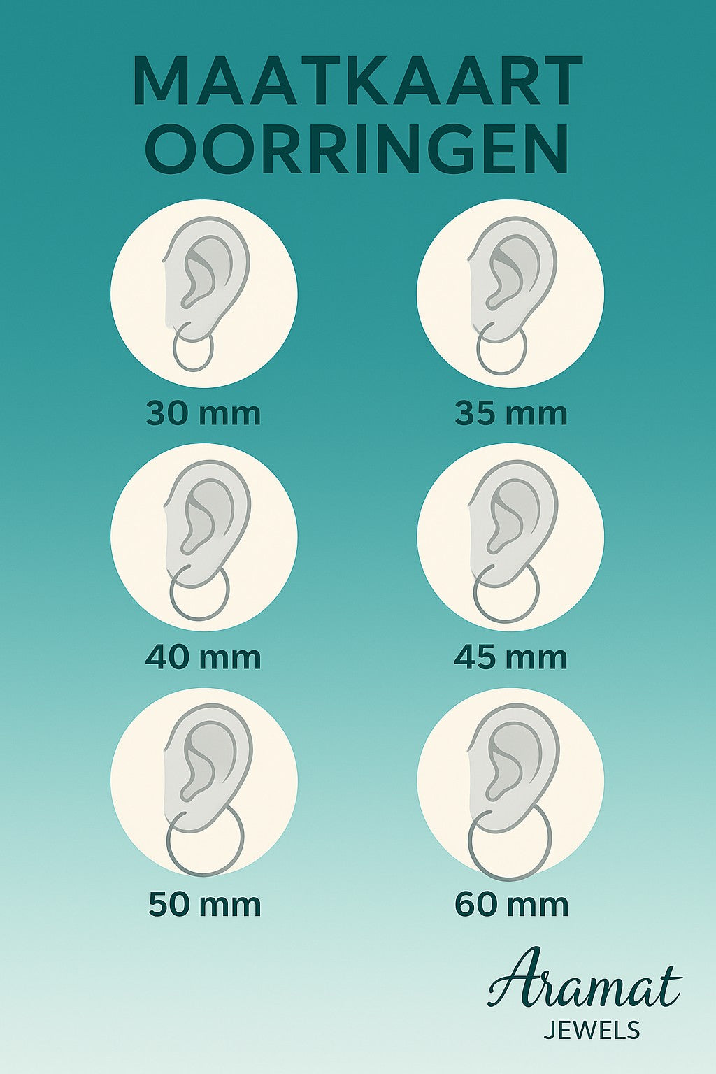 Aramat Jewels size chart for hoop earrings, showing different diameters from 30mm to 60mm with illustrations of earrings on ears.