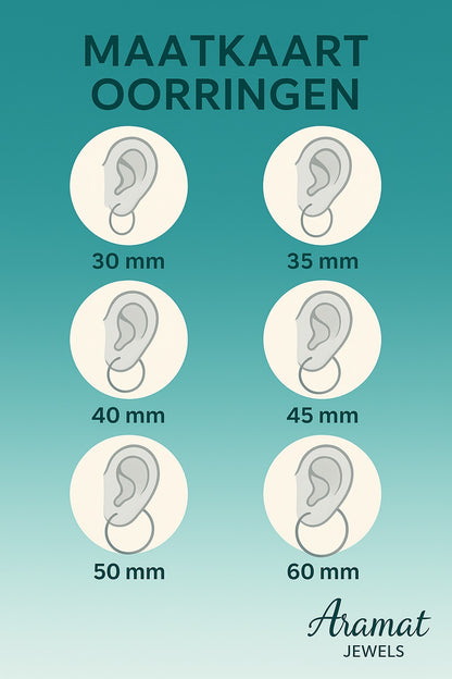 Aramat Jewels size chart for hoop earrings, showing different diameters from 30mm to 60mm with illustrations of earrings on ears.