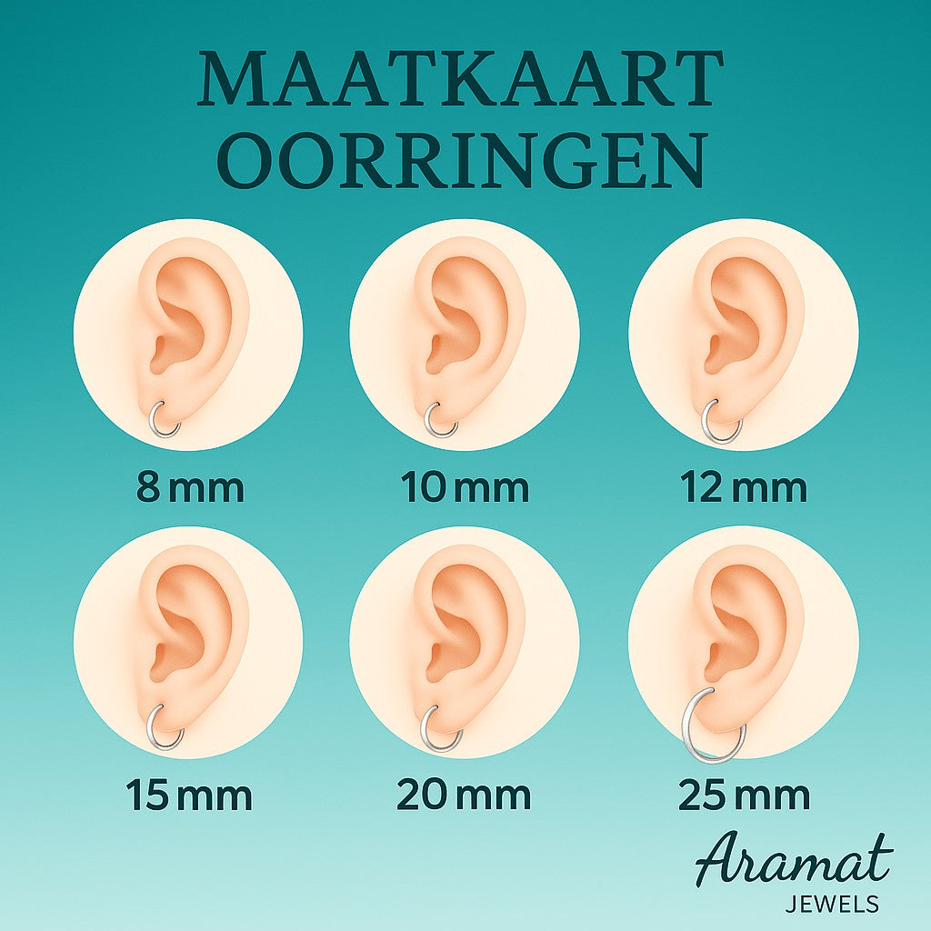 Aramat Jewels size chart for earrings showing 6 different sizes: 8mm, 10mm, 12mm, 15mm, 20mm, and 25mm.