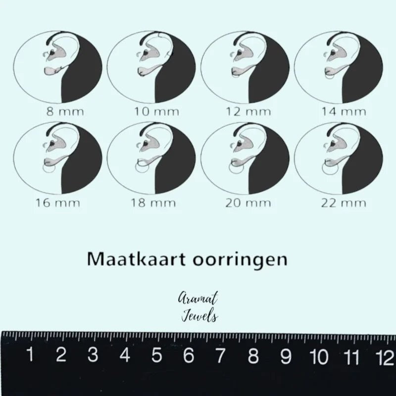 Aramat Jewels size chart for earrings showing different hoop sizes from 8mm to 22mm with black zirconia detail.