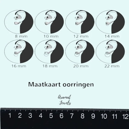 Aramat Jewels size chart for earrings showing different hoop sizes from 8mm to 22mm with black zirconia detail.