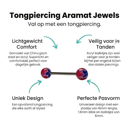 Aramat Jewels acrylic tongue piercing with red, white, and blue flower design on balls.
