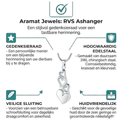 Aramat Jewels silver-colored stainless steel pendant with four linked hearts, a symbolic memorial jewelry piece.