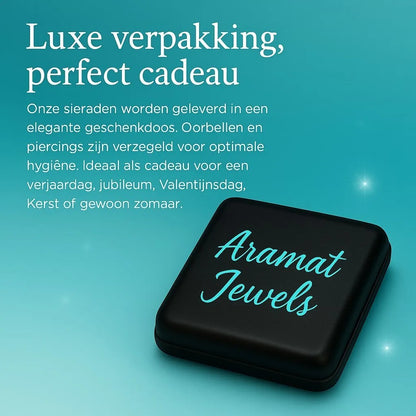 Aramat Jewels black gift box with turquoise logo, luxury packaging perfect for gifts.