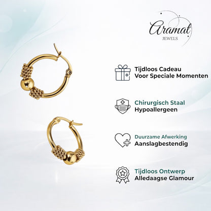 Aramat Jewels gold stainless steel Bali hoop earrings with a central bead and twisted details, 23x22mm.