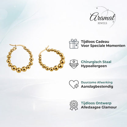 Aramat Jewels gold-tone stainless steel hoop earrings with a beaded design, 25mm diameter.