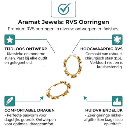 Aramat Jewels gold-tone stainless steel hoop earrings with a beaded design, 35mm diameter.