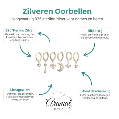 Aramat Jewels gold plated hoop earrings set with celestial charms: moon, star, planet, and geometric shapes, adorned with clear cubic zirconia.
