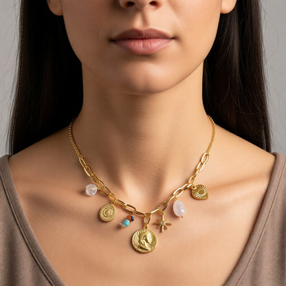 Aramat Jewels gold-tone stainless steel necklace with pearl, crystal, coin, heart, and star charms. Adjustable 45+5cm.