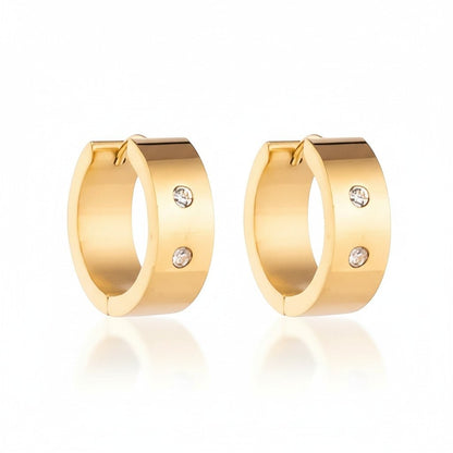 Aramat Jewels gold-tone stainless steel hoop earrings with two clear cubic zirconia stones, available in 13mm or 20mm.