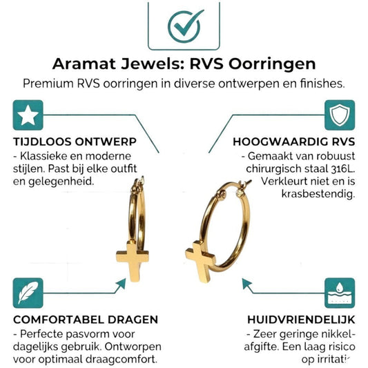 Aramat Jewels gold-tone stainless steel hoop earrings with a cross charm, 25mm diameter.