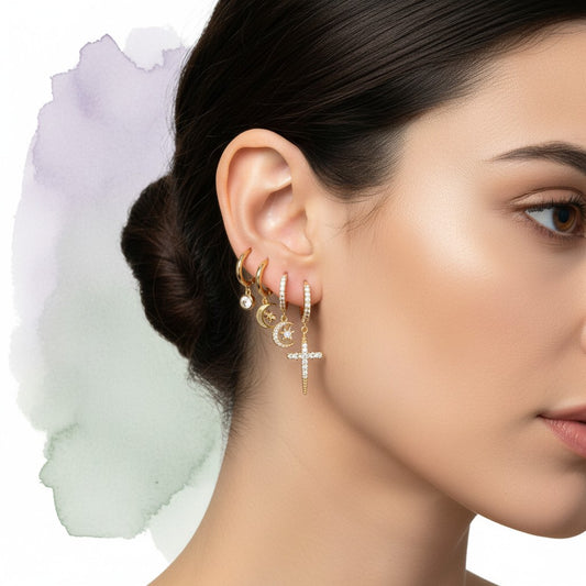 Aramat Jewels gold plated 925 silver hoop earring set with 6 charms: clear cz, moon, cross, Star of David, hamsa hand, and diamond shape.