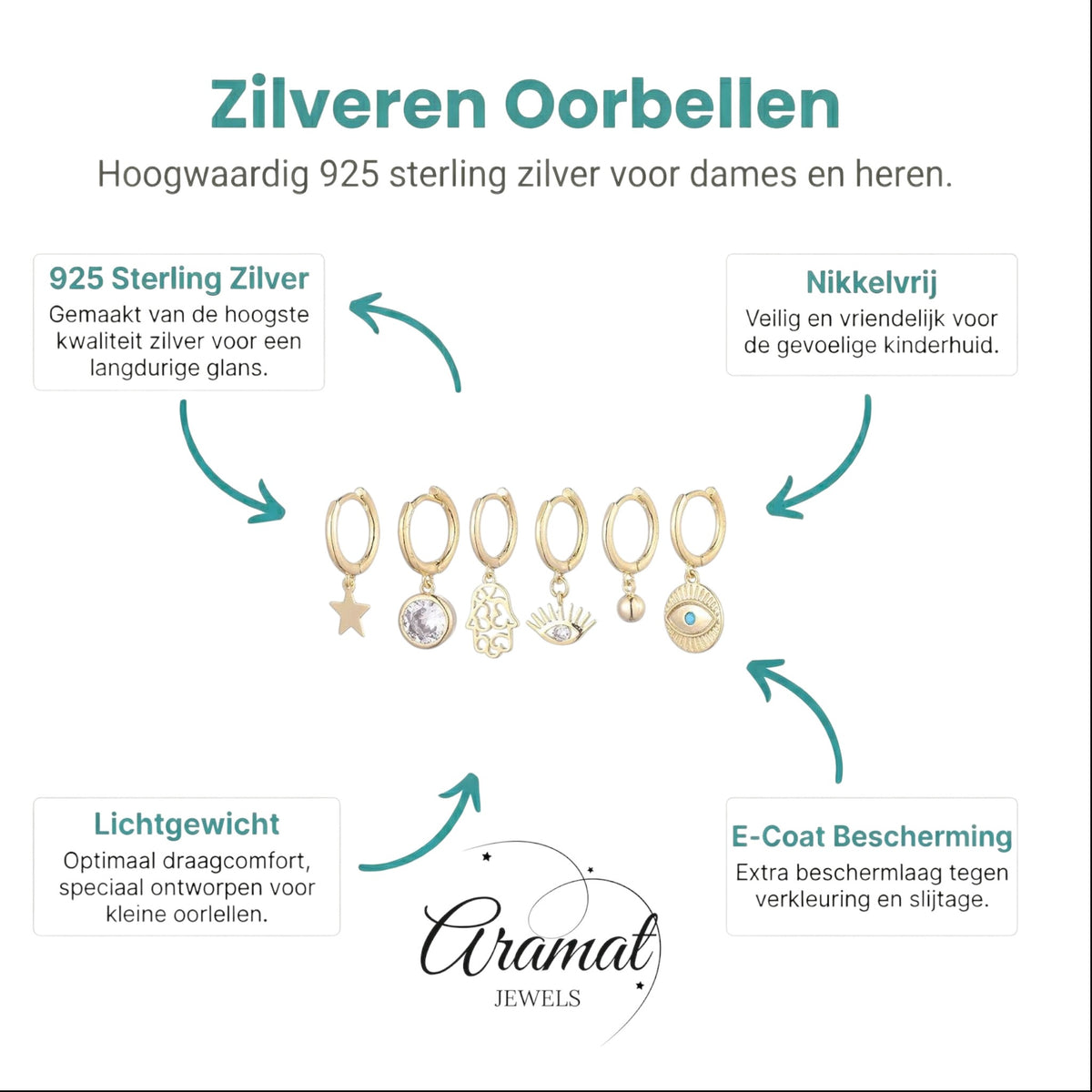 Aramat Jewels gold plated hoop earring set with star, crystal, hamsa hand, evil eye, bead, and eye charms.