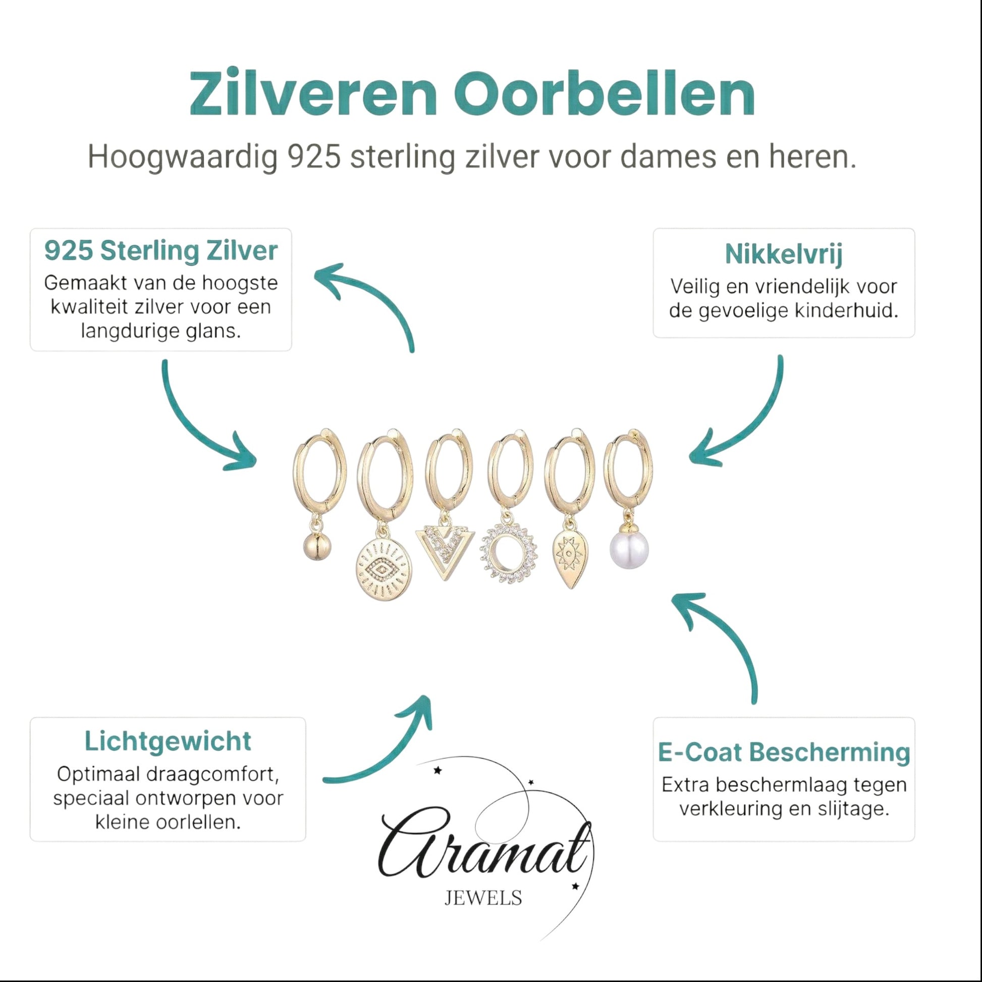 Aramat Jewels gold-plated hoop earring set with 6 charms: pearl, evil eye, triangle, sunburst, teardrop, and ball.