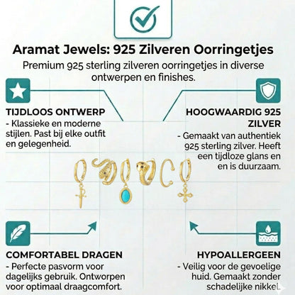 Aramat Jewels gold-plated 925 silver earring set with charms: snake, sword, turquoise oval, cross, and earcuff.