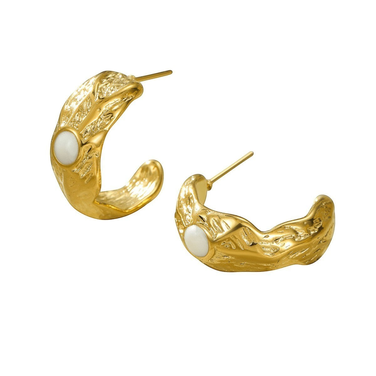 Aramat Jewels gold-tone half hoop earrings with white enamel circle detail, 25x10mm, irregular design.