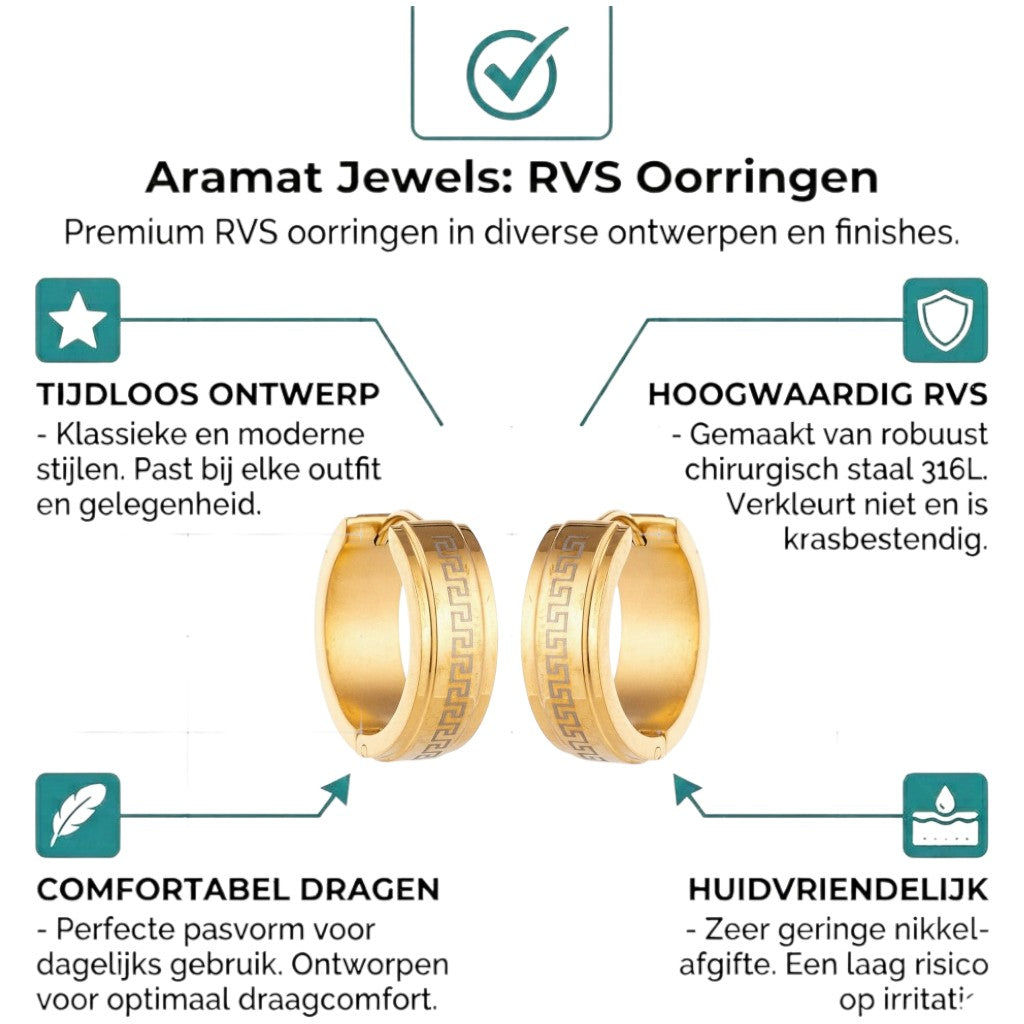 Aramat Jewels gold-tone stainless steel hoop earrings with Greek key pattern, 13mm diameter.