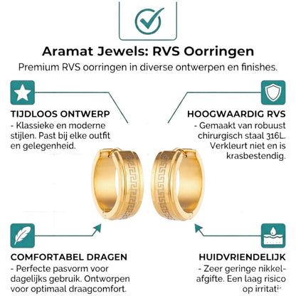 Aramat Jewels gold-tone stainless steel hoop earrings with Greek key pattern, 13mm diameter.