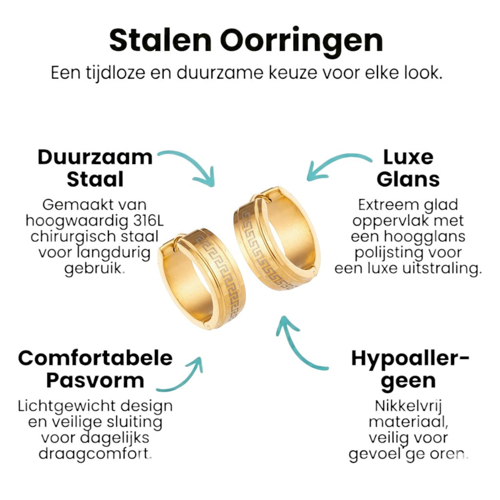 Aramat Jewels gold-tone stainless steel hoop earrings with Greek key pattern, 13mm diameter.