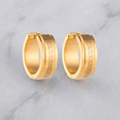 Aramat Jewels gold-tone stainless steel hoop earrings with Greek key pattern, available in 13mm and 20mm.