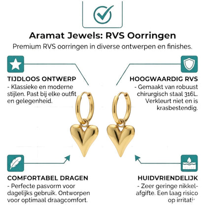 Aramat Jewels gold-tone stainless steel hoop earrings with puffy heart charms.