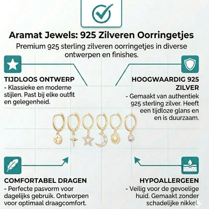Aramat Jewels set of 6 gold-plated sterling silver hoop earrings with charms: star, cross, star with crystals, moon with crystals, sun, and crystal.