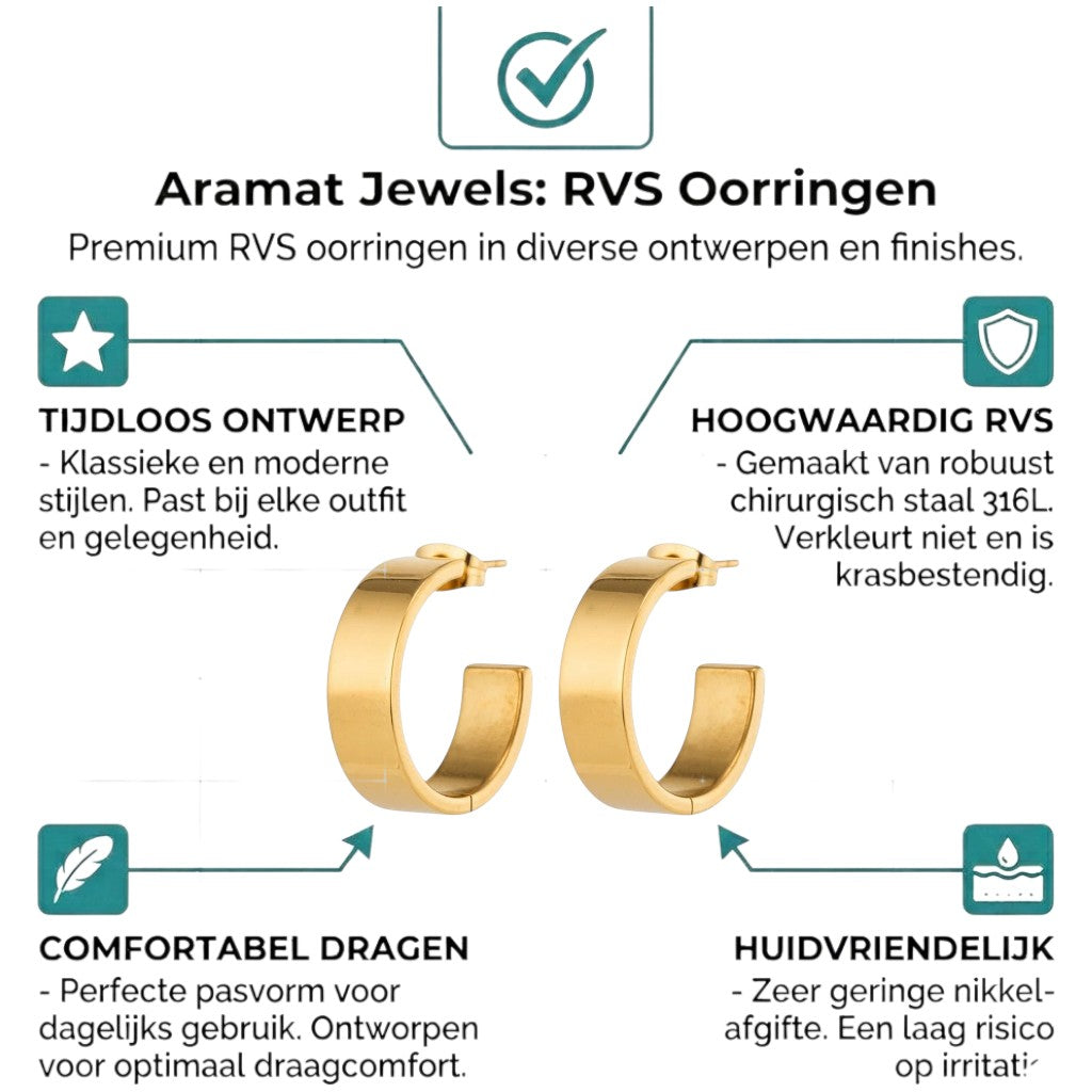 Aramat Jewels gold-tone stainless steel hoop earrings, 23mm diameter, 7mm wide, with a smooth, high-gloss finish.