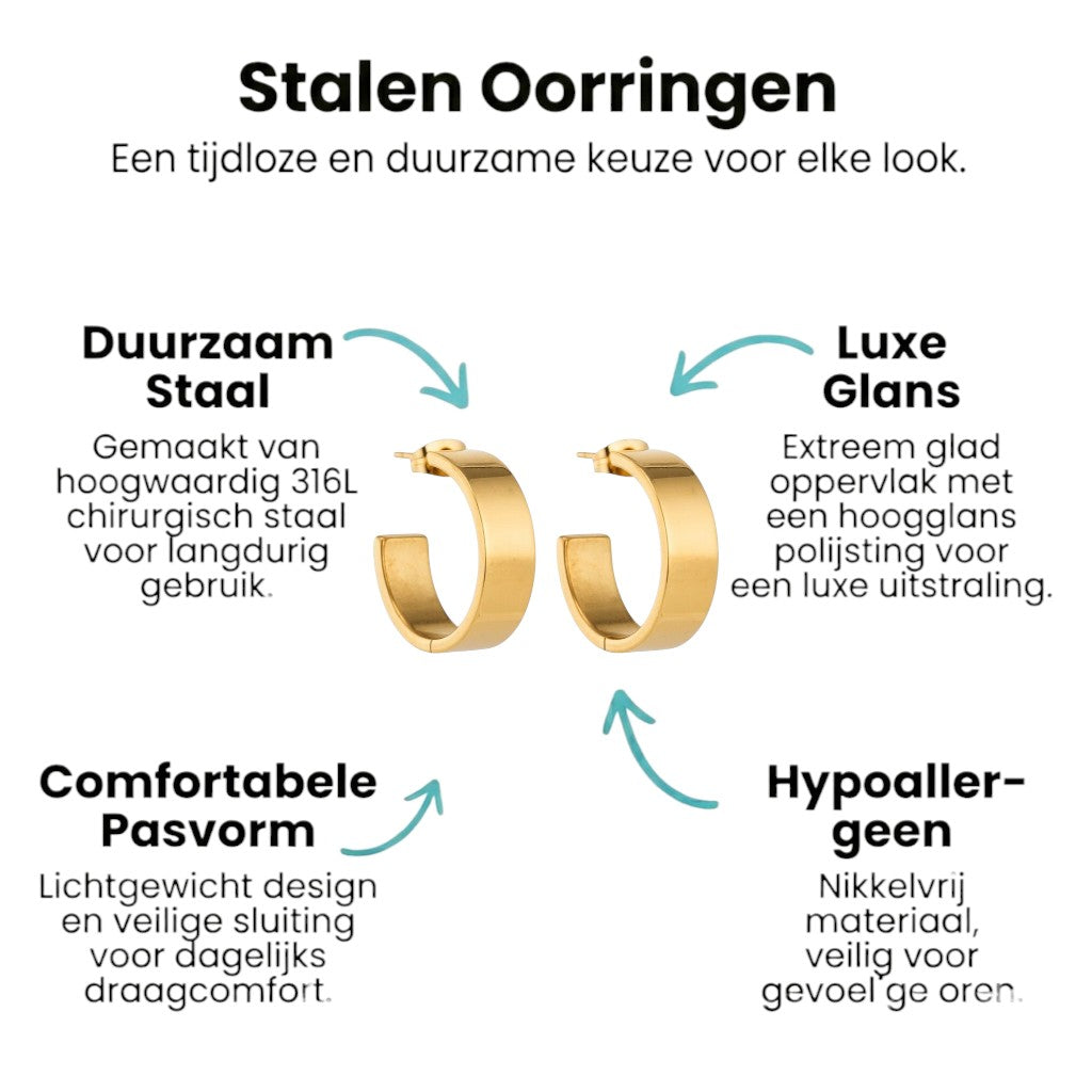 Aramat Jewels gold-tone stainless steel hoop earrings, 23mm diameter, 7mm wide, smooth high-gloss finish.