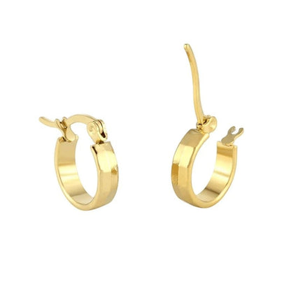 Aramat Jewels small gold-tone stainless steel hoop earrings with a faceted block design, 10mm diameter.