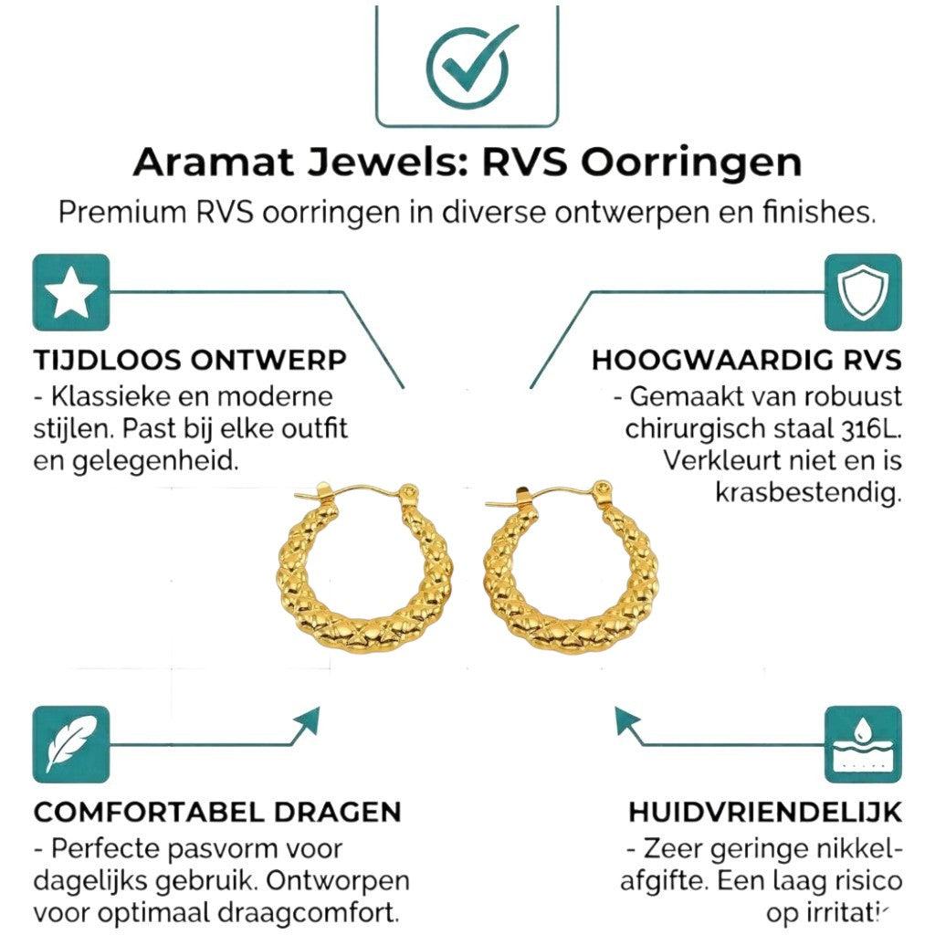 Aramat Jewels gold-tone stainless steel hoop earrings with a diamond pattern, 22mm diameter.