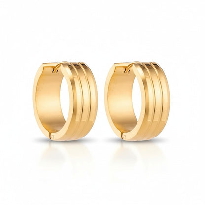 Aramat Jewels gold-tone stainless steel hoop earrings with double stripe detail, 13mm or 20mm diameter.