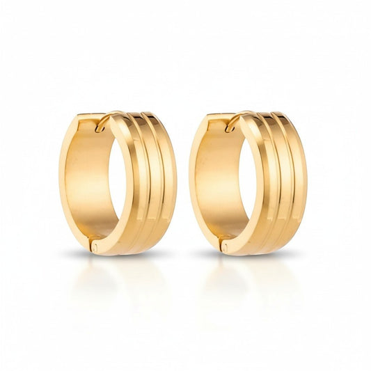 Aramat Jewels gold-tone stainless steel hoop earrings with double stripe detail, 13mm or 20mm diameter.