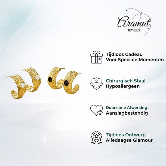 Aramat Jewels gold-tone hoop earrings with textured finish and a white or black enamel circle detail. Approx. 25x10mm.