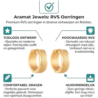 Aramat Jewels gold-tone stainless steel hoop earrings with a matte brushed line and shiny edges, 20mm diameter.