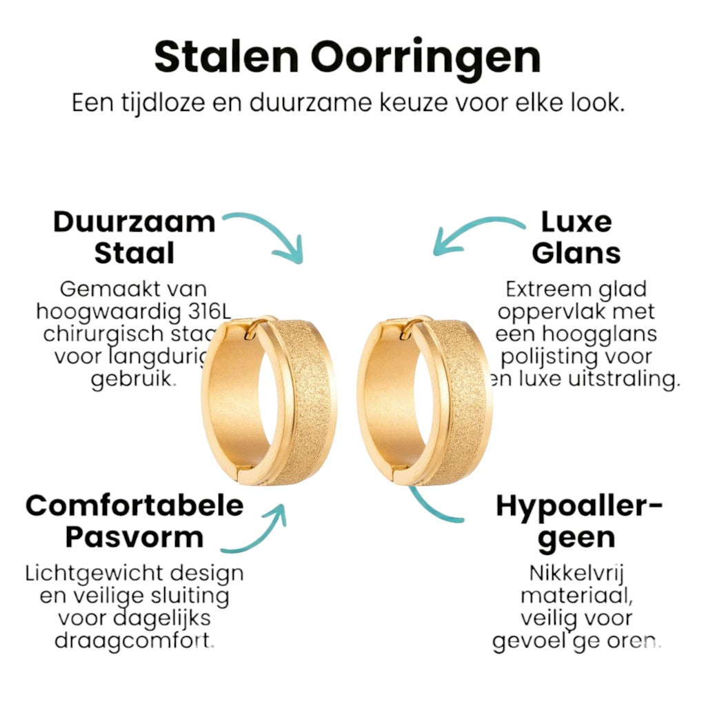 Aramat Jewels gold-tone stainless steel hoop earrings with a matte brushed center line and polished edges, 20mm diameter.