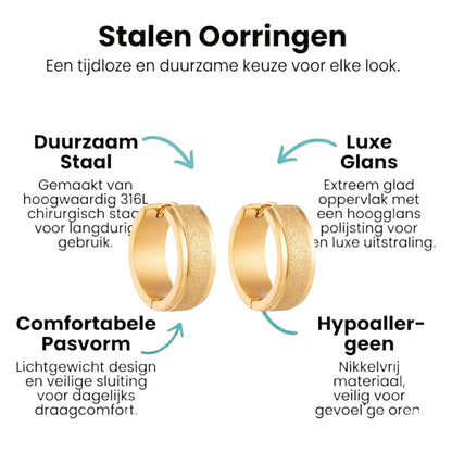 Aramat Jewels gold-tone stainless steel hoop earrings with a matte brushed center line and polished edges, 20mm diameter.