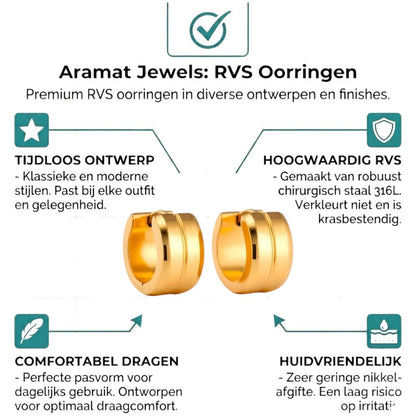 Aramat Jewels gold-colored stainless steel hoop earrings with a single stripe detail, 13mm diameter.