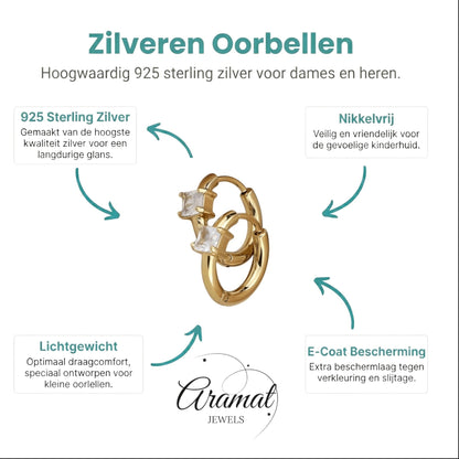 Aramat Jewels gold hoop earrings with two square clear cubic zirconia stones.