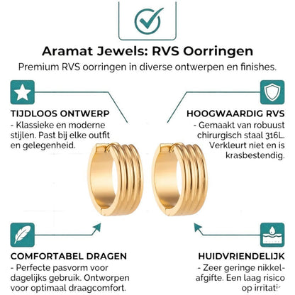 Aramat Jewels gold-tone stainless steel huggie hoop earrings with triple stripe detail, 13mm or 20mm diameter.