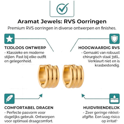 Aramat Jewels gold-tone stainless steel hoop earrings with three raised stripes, 13mm diameter, 7mm width.