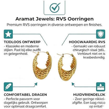 Aramat Jewels gold-tone stainless steel hoop earrings with a layered, textured design. Each earring appears to have six hoops.