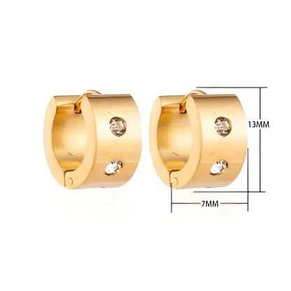 Aramat Jewels gold-tone stainless steel hoop earrings with two clear cubic zirconia stones, 13mm diameter and 7mm width.