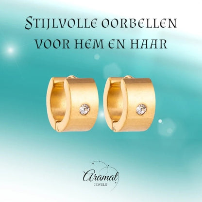 Aramat Jewels gold-colored wide stainless steel hoop earrings with a single clear cubic zirconia stone.