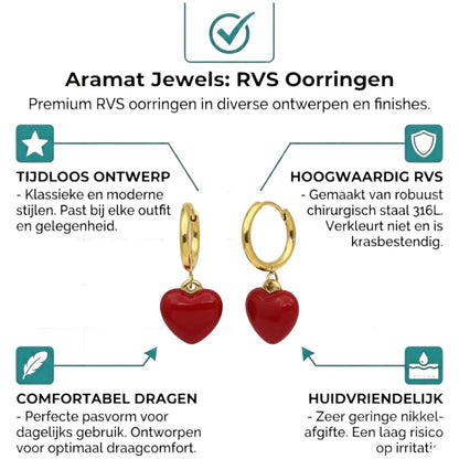 Aramat Jewels gold huggie hoop earrings with red enamel heart charms. Stainless steel with a hinge closure.