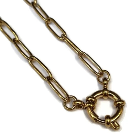 Aramat Jewels gold-tone stainless steel paperclip chain necklace with a circular clasp.