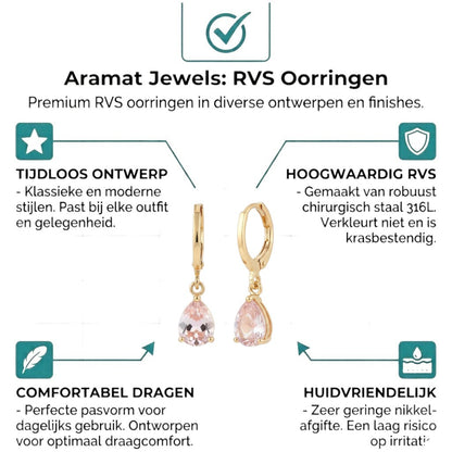 Aramat Jewels gold-plated stainless steel mini hoop earrings with a pink pear-cut zirconia drop.