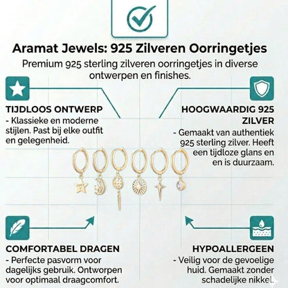 Aramat Jewels set of six gold plated 12mm hoop earrings with charms: star with 'LUCK', crescent moon, geometric circle, sunburst, cross, and a clear stone.