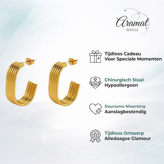 Aramat Jewels gold-tone stainless steel rectangular hoop earrings with a ribbed stripe motif, 26x17mm.
