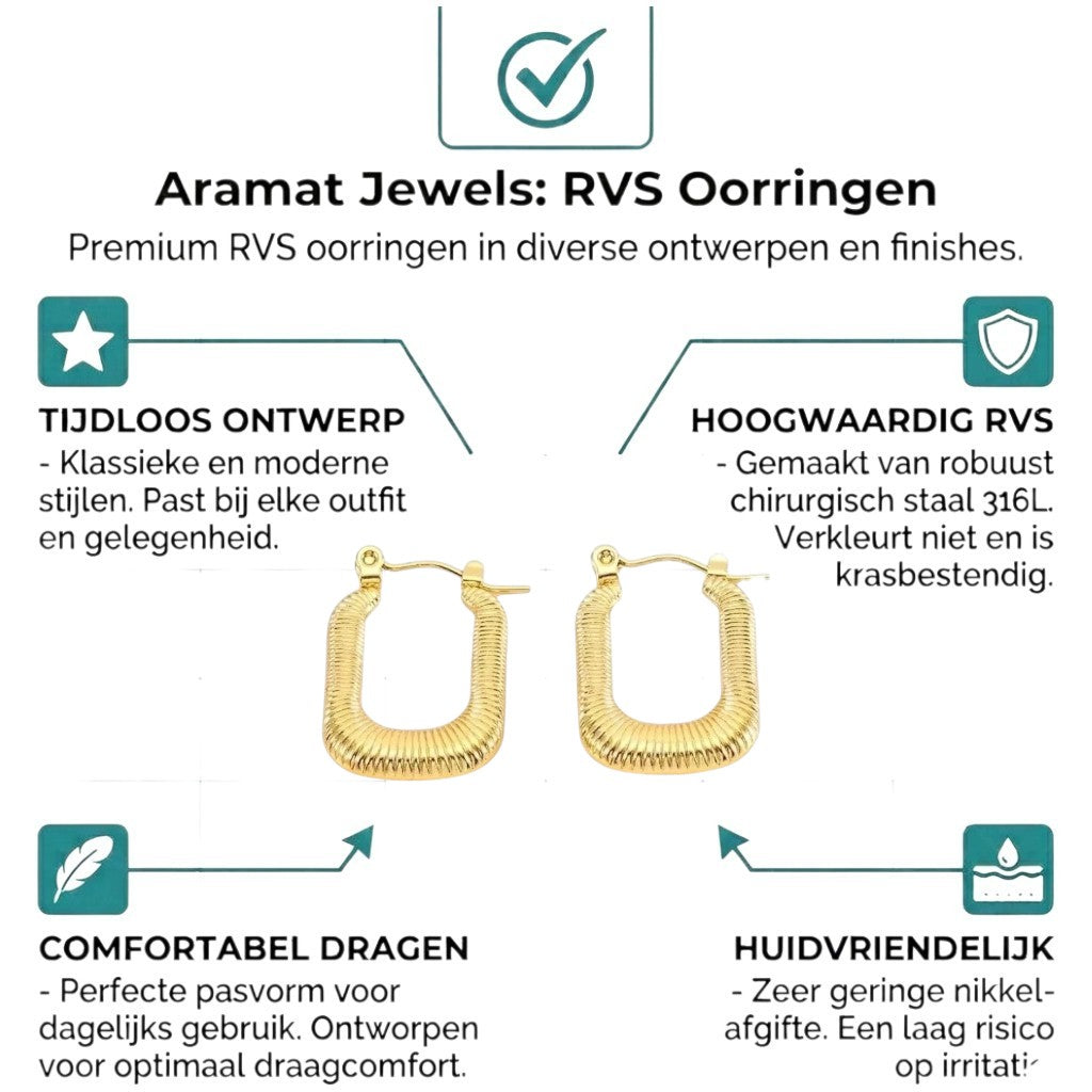 Aramat Jewels gold rectangular hoop earrings with ribbed texture, 30x16mm, made of stainless steel.
