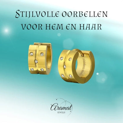Aramat Jewels gold-colored stainless steel hoop earrings with 5 clear cubic zirconia stones each, 13x7mm, click closure.